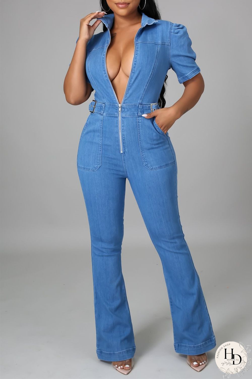 Dark Blue Fashion Casual Solid Zipper Turndown Collar Regular Jumpsuits