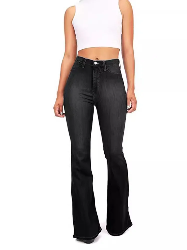 Toloer Spring And Summer Women Slim High Waist Washed Horn Jeans-Outfit Ideas