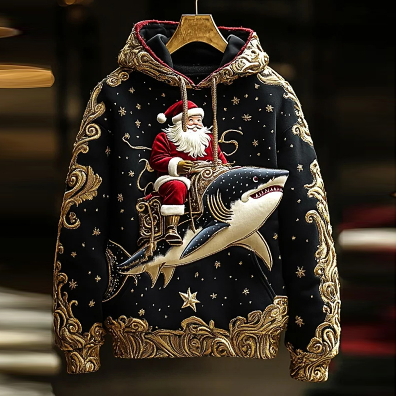 Men's Swirl Pattern Santa Claus Shark Art Hoodie elevenforest