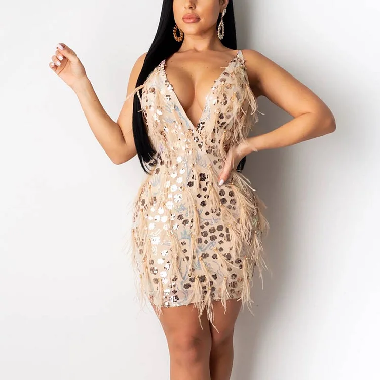 Solid Sequins Feather Design Bodycon Dress - IRBOOM Fashion Clothing