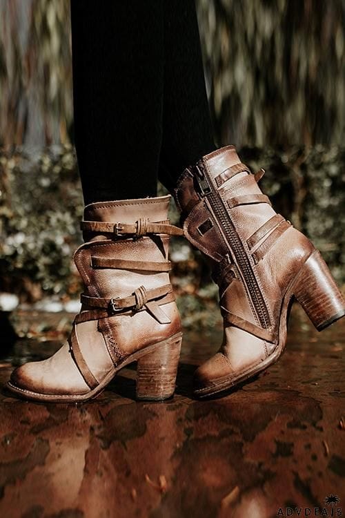 Vintage Buckle Zipper Mid-Calf Boots