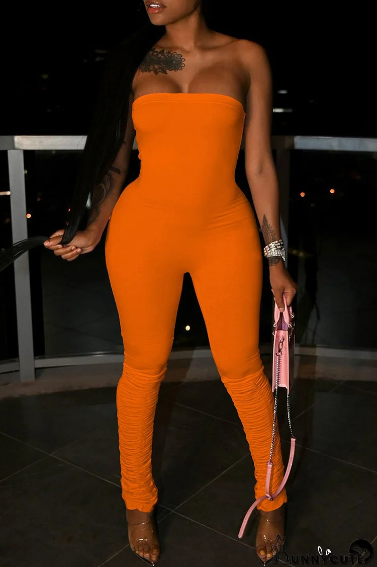 Orange Sexy Casual Solid Backless Strapless Skinny Jumpsuits