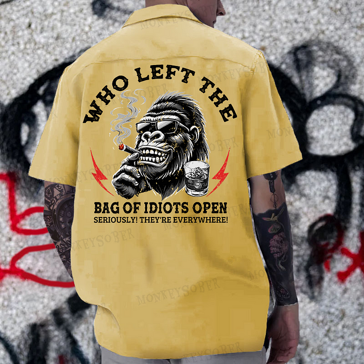 "Who Left The Bag Of Idiots Open?" Reversible Printed Button Up Shirt