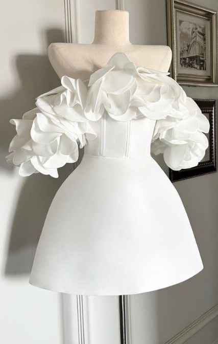Lovely White Off-The-Shoulder Mini Homecoming Dress With Handmade Flower HC0153