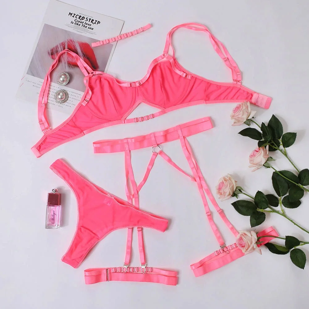 Yimunancy 3-Piece Lace Bra Set Bra Underwire + Panty Underwear Set Ladies Red Sexy Lingerie Set