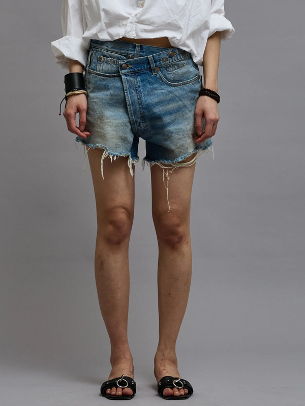 Raw Edge Casual Cross Button Women's Denim Shorts tjj Shicloths