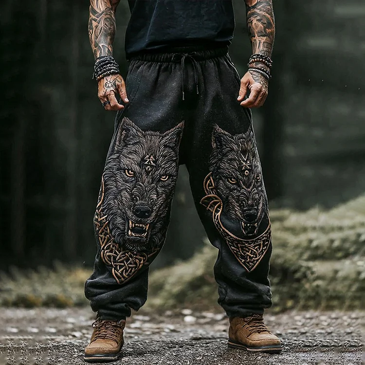 Men's Retro Viking Wolf Art Print Casual Pants