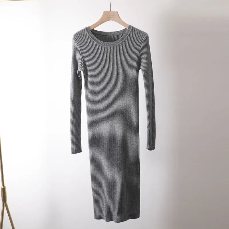 Autumn Winter long Sweater dress women solid bodycon Thick dress Female Jumper O-neck slim basic knit dress Long sleeve
