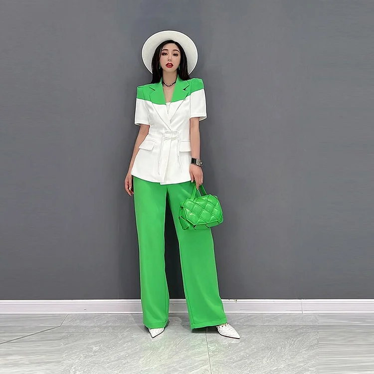 Fashion Contrast Color Pockets Short Sleeve Blazer And Straight Pants Two Pieces Set      