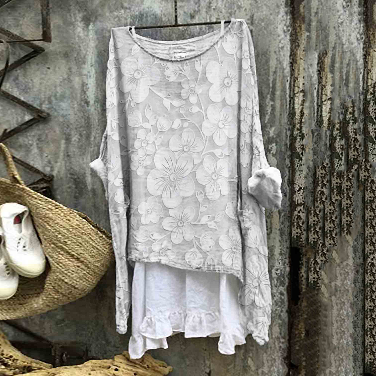Comstylish Vintage Floral Embroidered Linen Blend Flowy Tunic