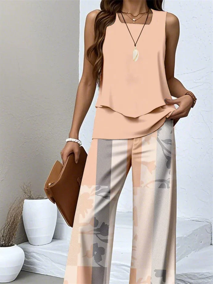 Women's Sleeveless Square Collar Graphic Printed Casual Set