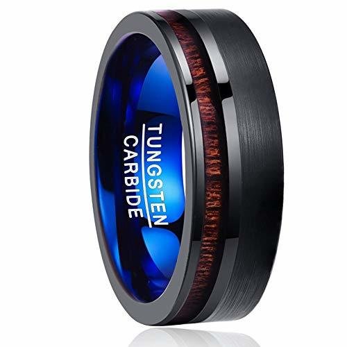 Women's Or Men's Wedding Tungsten Carbide Wedding Band Rings,Black and Blue Band with Koa Wood Slice Inlay,Flat Edged Tungsten Carbide Ring,Comfort Fit Brushed Tungsten Carbide Wedding Ring With Mens And Womens For Width 4MM 6MM 8MM 10MM
