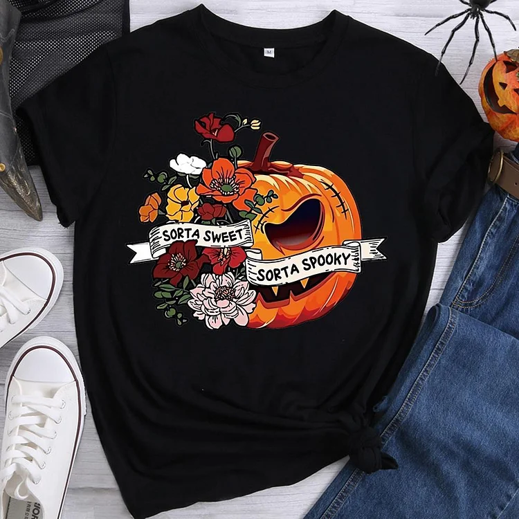 Halloween Pumpkin Flower Round Neck T-shirt-0018574