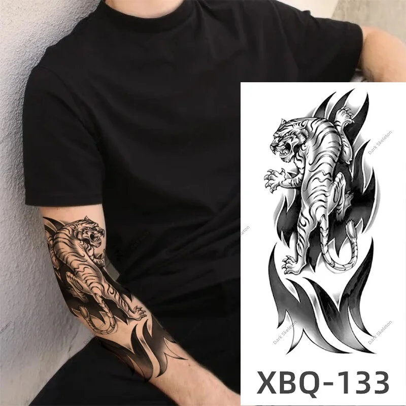 Sdrawing Black Forest Tattoo Sticker For Men Women Children Tiger Wolf Death Temporary Tattoo Fake Henna Skeleton King Animal Tatoo