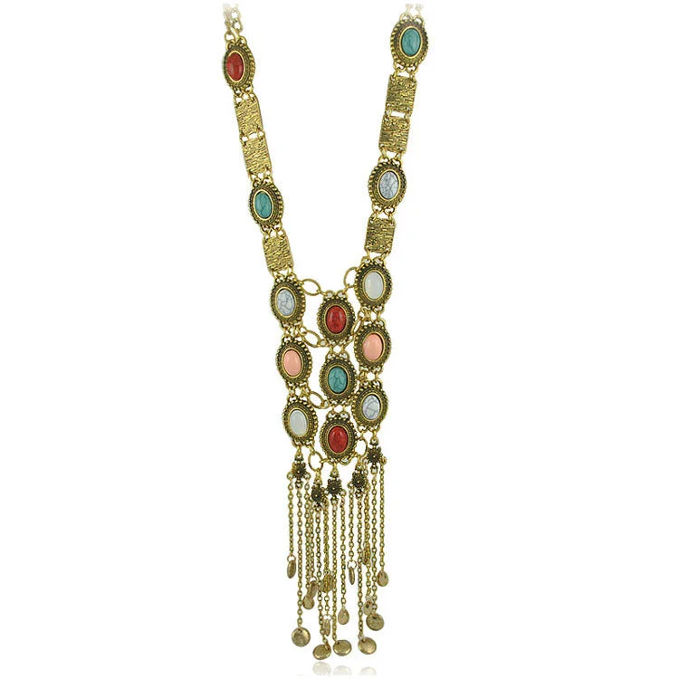 Women's Vintage Colored Jewels Fringes Long Necklace