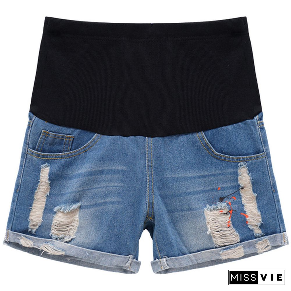 Summer Casual Denim Maternity Patchwork Belly Shorts Ripped Shorts for Pregnant Women