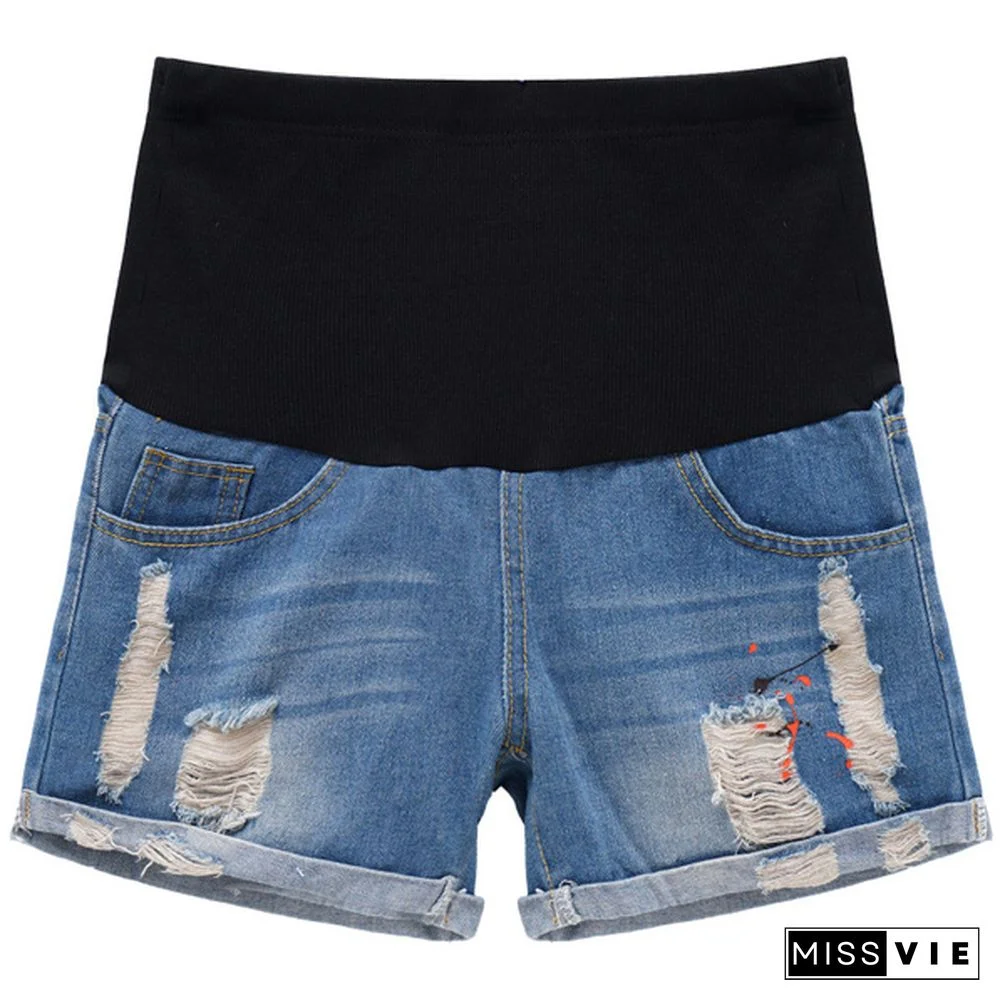 Summer Casual Denim Maternity Patchwork Belly Shorts Ripped Shorts for Pregnant Women