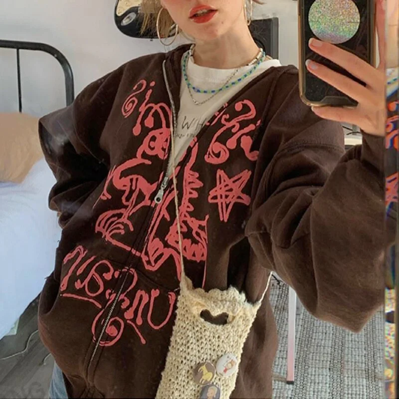 Gothic Zipper Hoodie Jacket Casual Long Sleeve Coat Print Graffiti Streetwear Oversized  Harajuku Y2K Loose Sweatshirt 2021 New