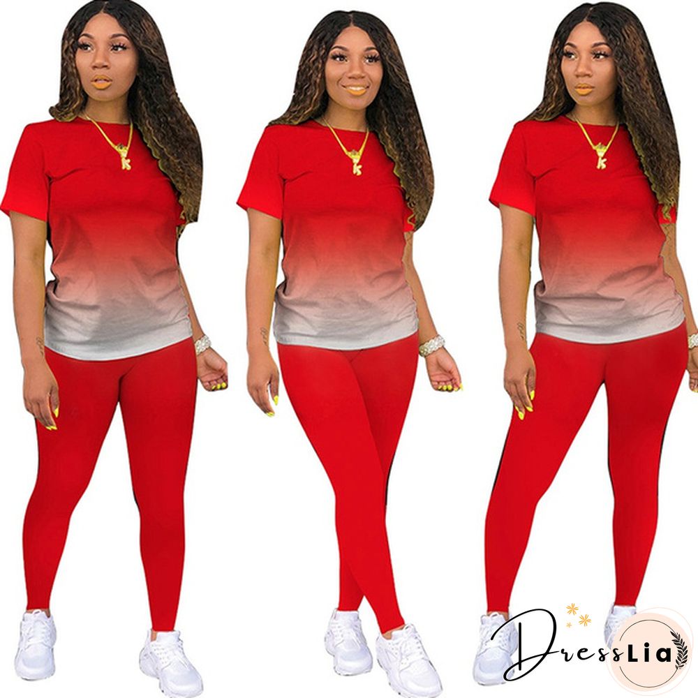 New Women's Fashion Gradient Short Sleeve Top and Pants Casual Sportswear Suit Two-piece Suit Plus Size