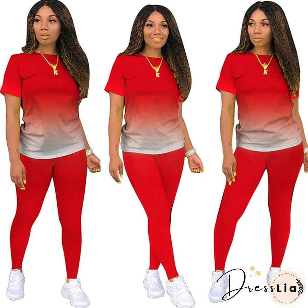 New Women's Fashion Gradient Short Sleeve Top and Pants Casual Sportswear Suit Two-piece Suit Plus Size