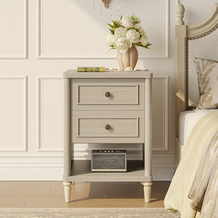 Bestier Farmhouse Nightstand with 2 Drawers, Wood Bedside Table with Charging Station, Sofa Side End Table Night Stand for Living Room, Bedroom, Home Office