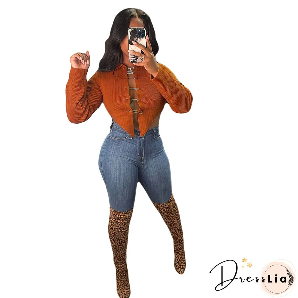 Ribbed Knitted Long Sleeve Pin Up Cardigan Crop Tops