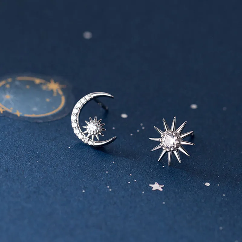 Sun Moon Asymmetrical 925 Sterling Silver Stud Earrings