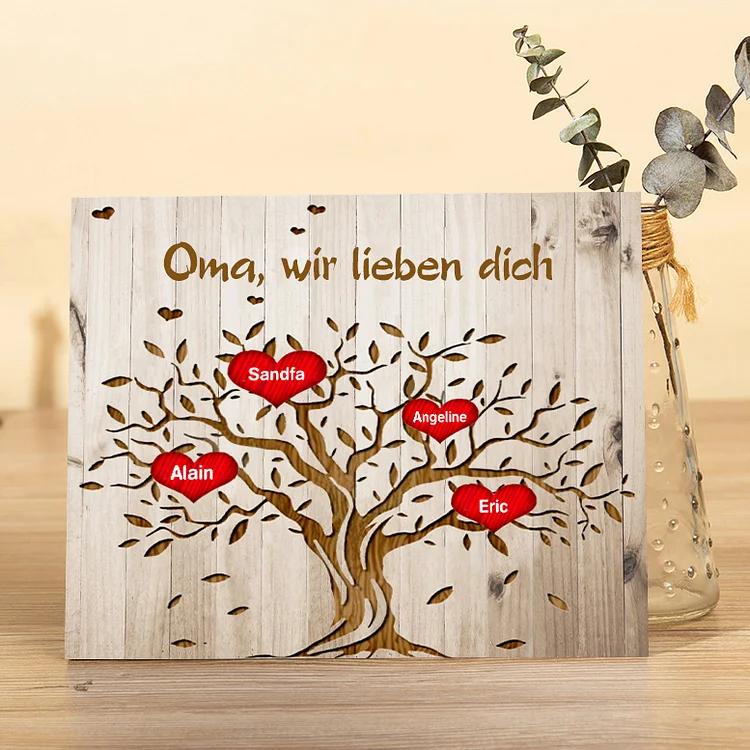 Holzrahmen - Personalisierter Text & 4 Namen Familienstammbaum Holzdekoration 