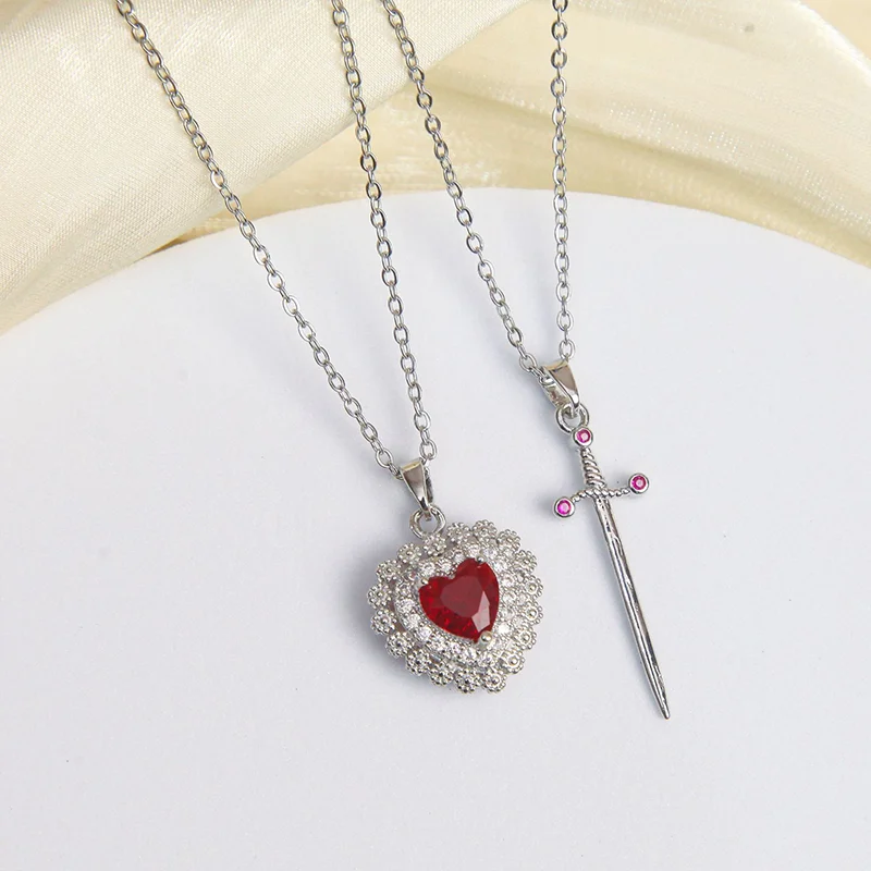 Valentine's Day 18K Gold Red Heart Dagger Couple Gift Necklace Jewelry