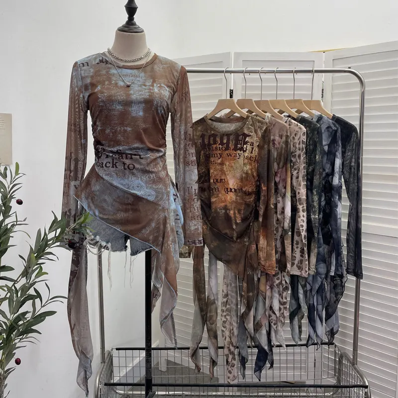 Uveng Real Shooting Babes Long Sleeves And Jersey Net Yarn Dye Printing Irregular Lotus Leaf Edge Ribbon Folding Top 9998