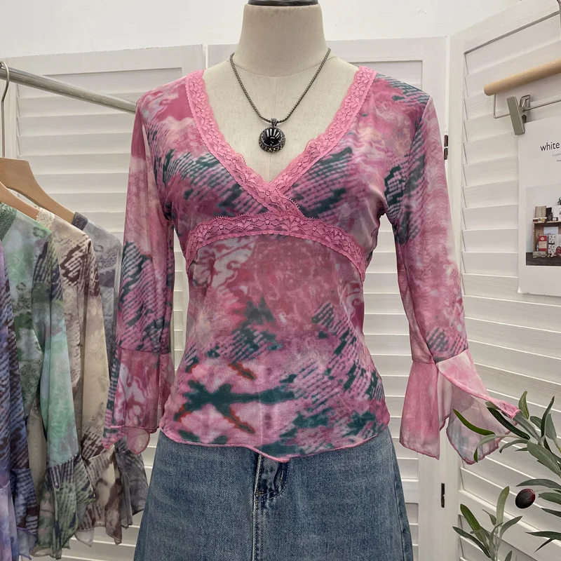 Uveng Picts Picts Retro Tie-Dye-Print Yarn Lace V-Neck Low-Breast Horn Sleeves Short Thin T-Shirt Top 8836