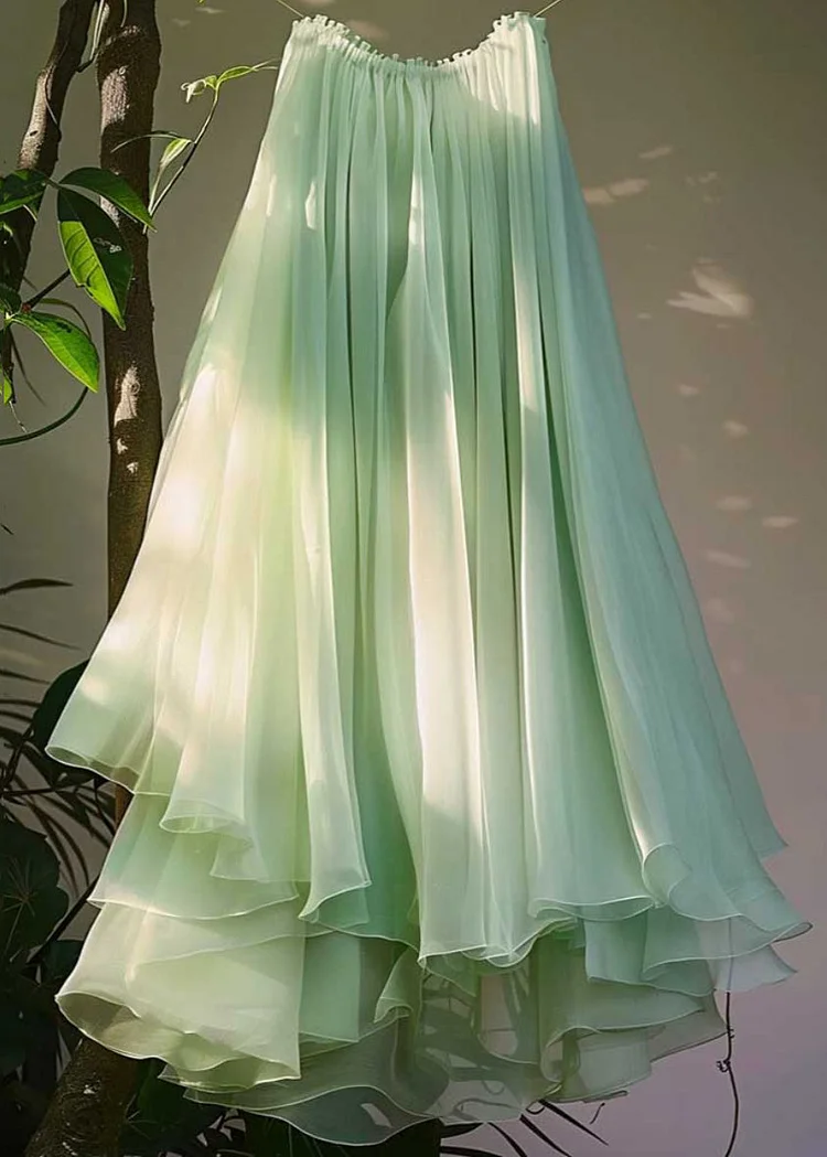 New Green Asymmetrical Elastic Waist Chiffon Pleated Skirt Summer