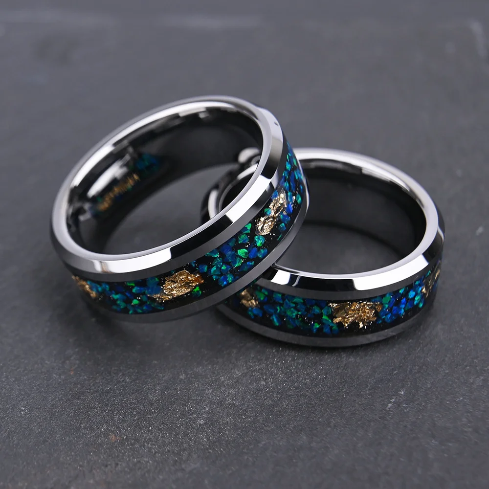 8MM Mens Women Flat Beveled Tungsten Rings Blue Opal and Gold Foil Wedding Bands