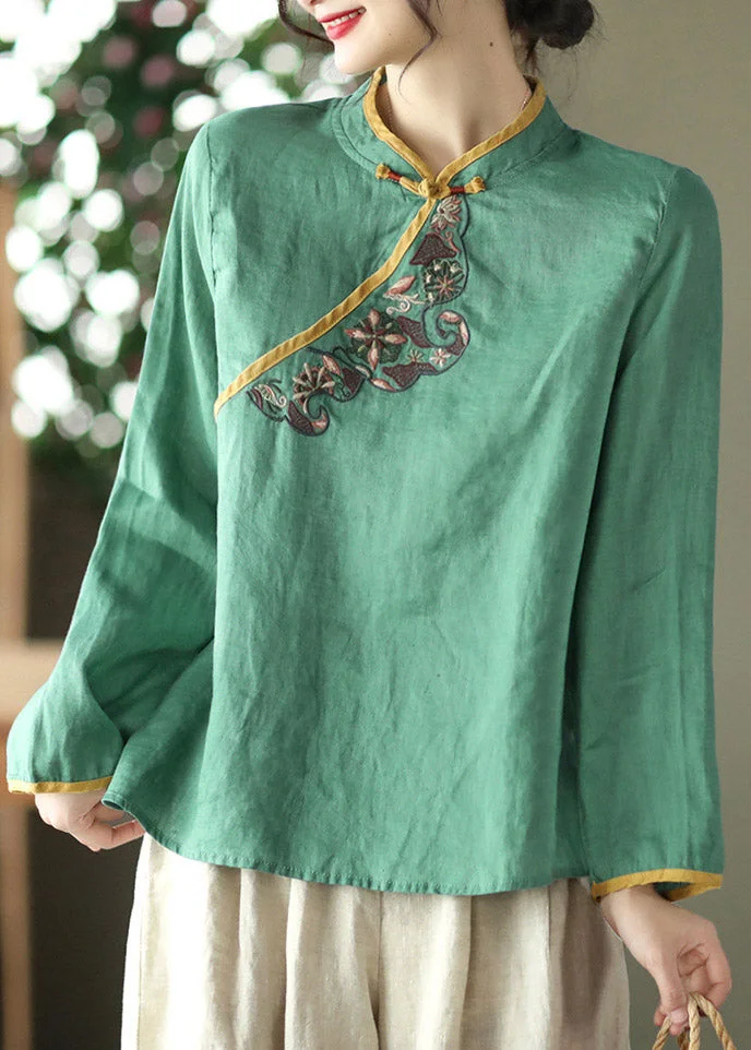 Casual Green Stand Collar Embroideried Button Linen Shirt Long Sleeve