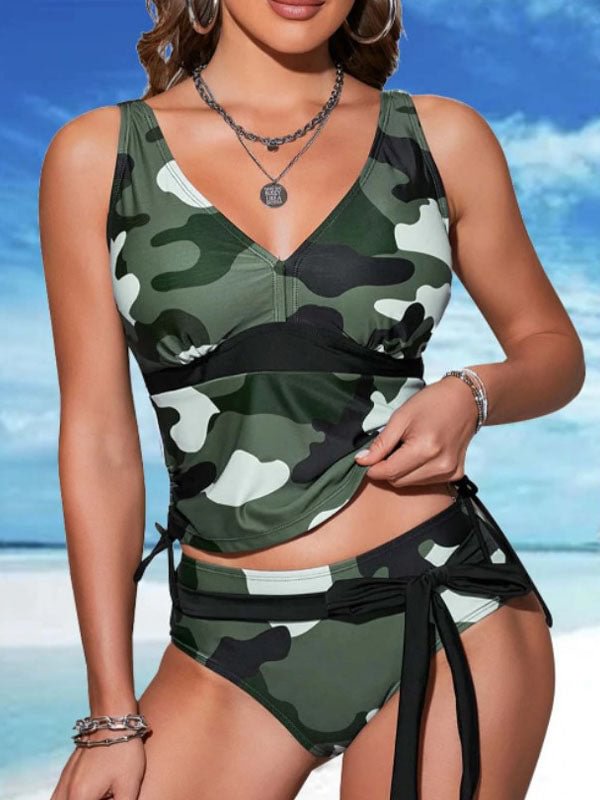 CAMOUFLAGE STRAPPY DRAWSTRING SIDE TANKINI SET
