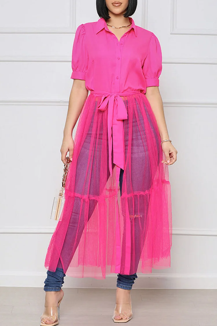 Red Casual Solid Bandage Split Joint Buckle Turndown Collar Straight Dresses