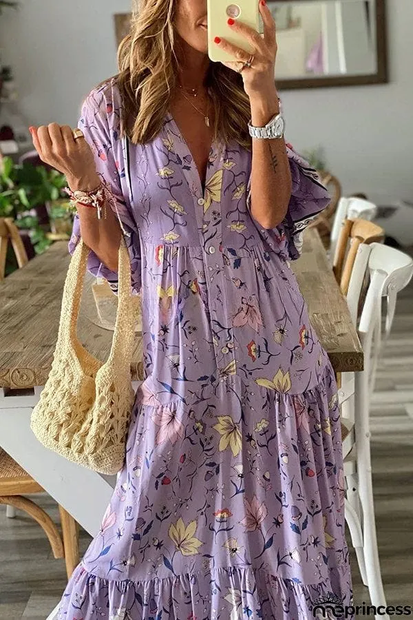 Lavender Flavor Printed Long Sleeve Button A-line Maxi Dress
