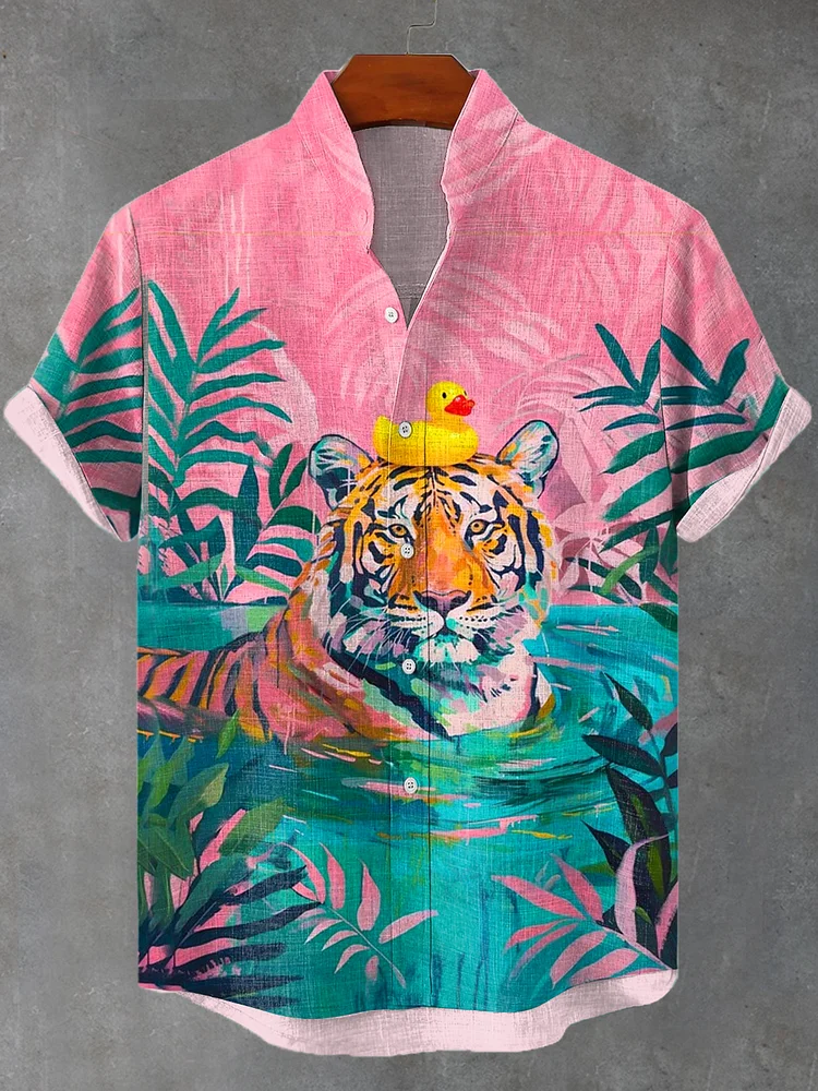 Men's Summer Vacation Boho Swimming Tiger Print Linen Blend Shirt
