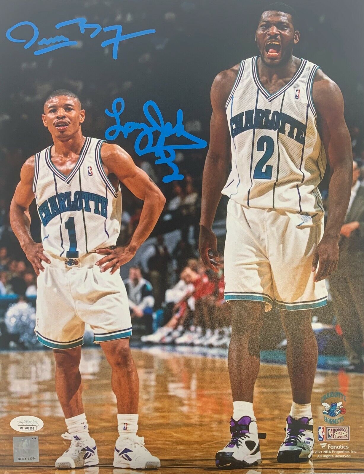 Larry Johnson Muggsy Bogues signed 11x14 Photo Poster painting NBA Charlotte Hornets JSA Witness