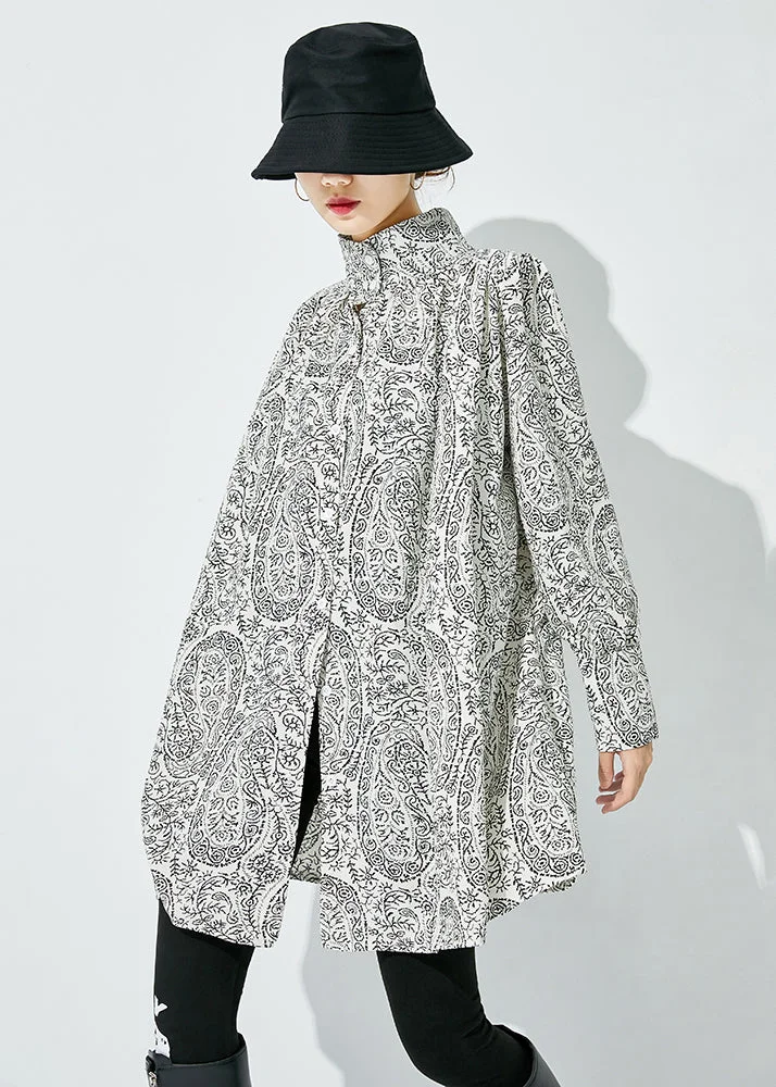 White Print Shirt Tops Stand Collar Oversized Spring