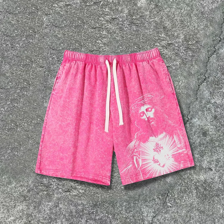 Vintage Jesus Print Washed Drawstring Shorts SOPULA