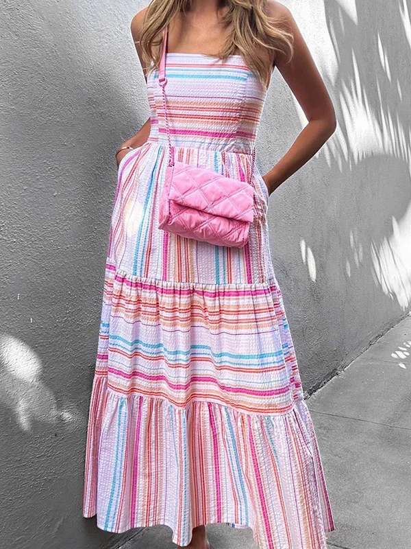 Colorful Striped Sleeveless Spagehhtti-Neck Maxi Dresses