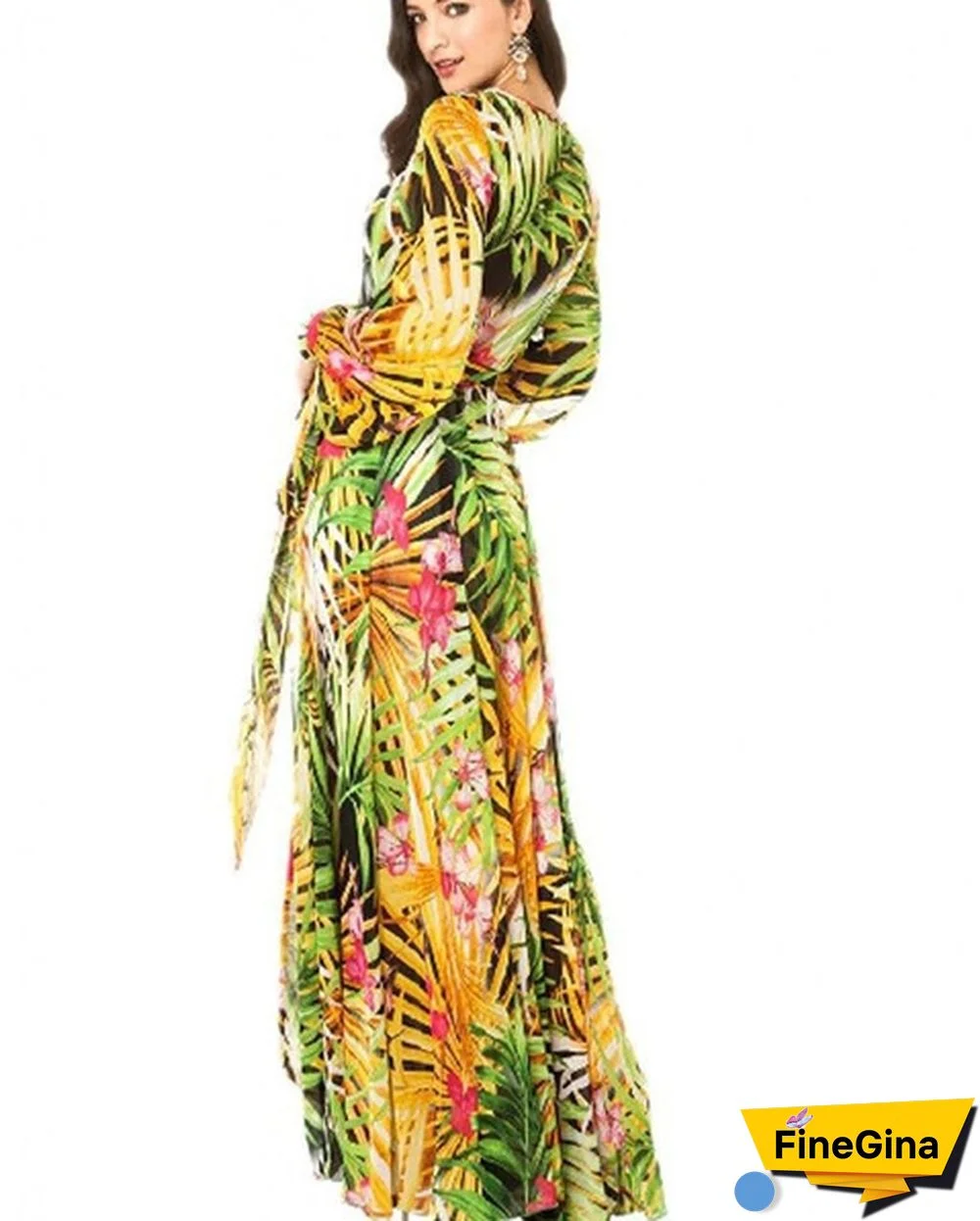 Green Purple Tropical Beach Vintage Maxi Dresses Long Sleeve Dress Boho Casual V Neck Belt Lace Up Tunic Plus Size Dress