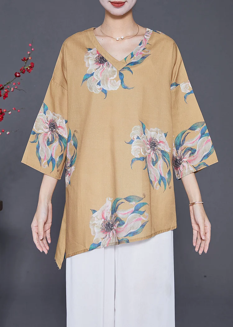 Women Khaki Asymmetrical Print Linen Shirts Summer