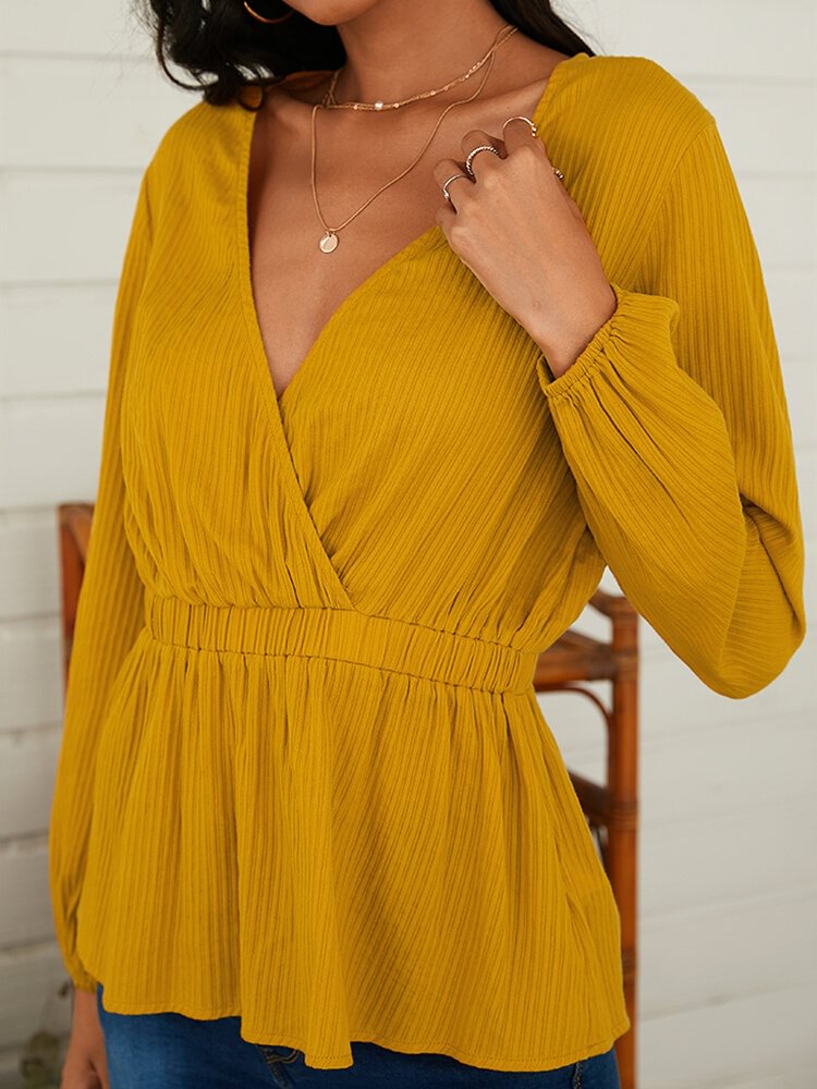 Solid Color Long Sleeve V neck Pleated Blouse For Women P1765452