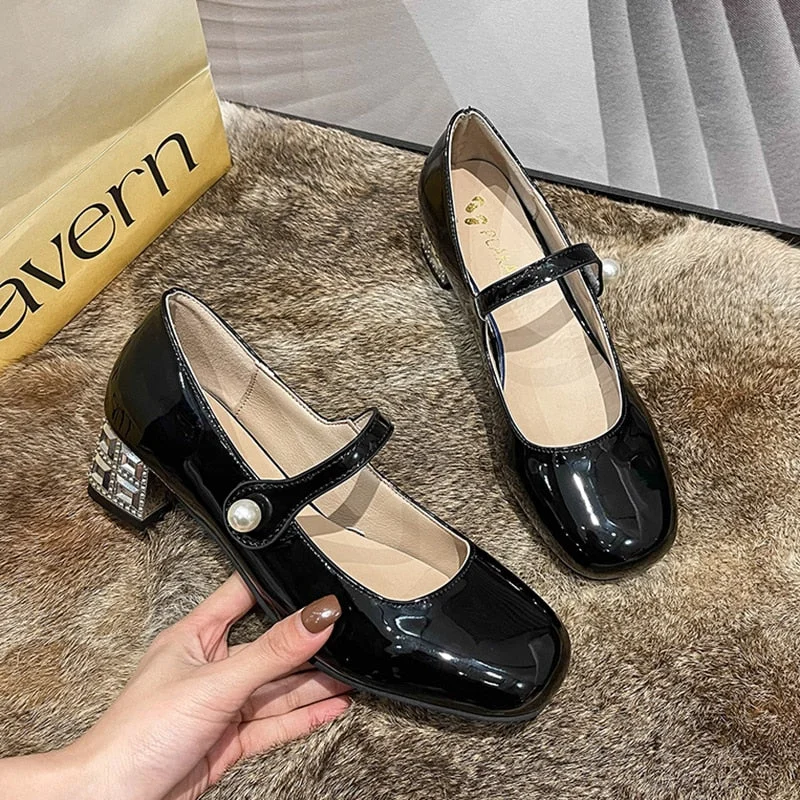 Silver Patent Leather Mary Jane Shoes For Women 2022 New Ankle Strap Square Heels Pumps Woman Fashion Pearl Party Shoes