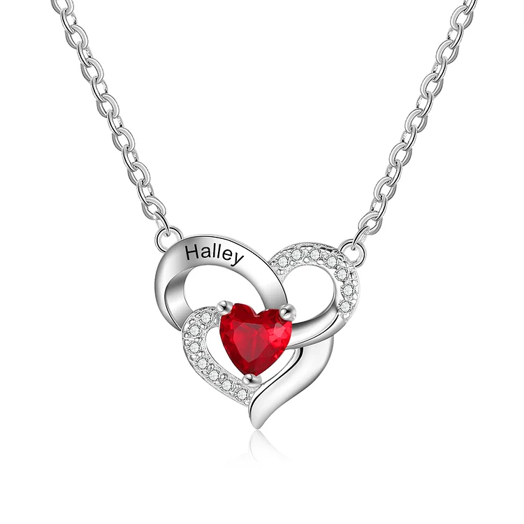 Personalized S925 Silver Women Heart Necklace With 1 Birthstone Engraved Names Gift For Women
