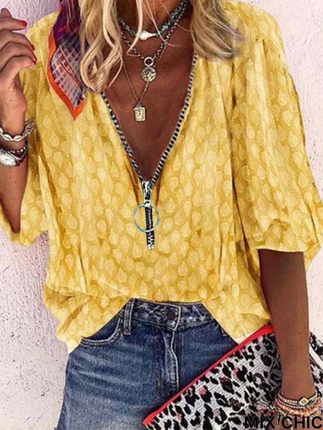 Long Sleeve V Neck Cotton-Blend Boho Blouse