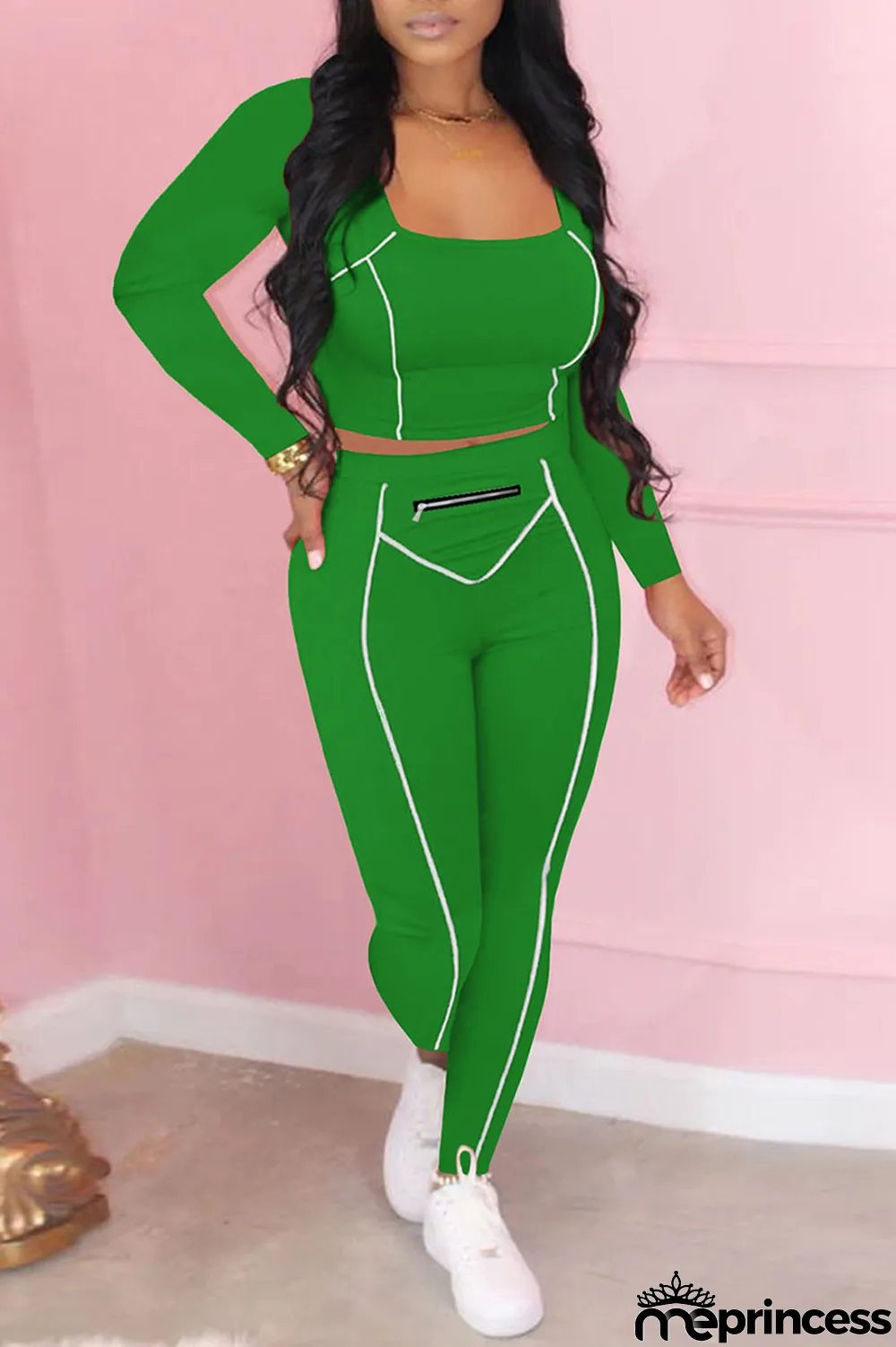 Tangerine Red Casual Solid Split Joint Zipper U Neck Long Sleeve Two Pieces