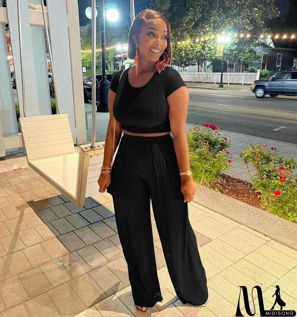 MidiSono - Casual Solid Short Sleeve Two Piece Pants Set